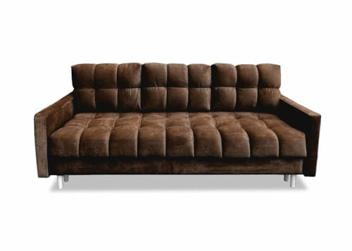 Meble Ares Stilvolles Sofa 3-Sitzer Rocco Mit Schlaffunktion und Bettkasten - Praktisches Ausziehbares Schlafsofa Mit Gesteppten Seiten - Weiße Füße, Velours - Braun
