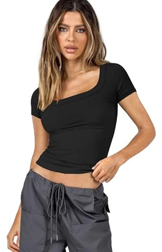 Haibang Camiseta Manga Corta Mujer Verano Cuell Cuadrado Camisas Blusas Casual Stretchy Punto Camisetas Color Sólido Básico T-Shirt Moda Y2K Streetwear