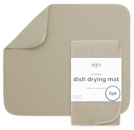 S&T INC. Dish Drying Mat 2 Pack, 16” x 18”, Absorbent Microfiber Kitchen Counter Mat, Dish Drying Pad for Dishes, Utensils, Pots and Pans, Large, Pure Cashmere