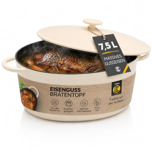 Krüger Gusseisen Gansbräter Savanna oval 34 cm 7,5 L | creme schwarz matt | Massiver Vollguss 8 kg | Ofenfest bis 240 °C | Ideal zum Brotbacken & Schmoren | Alle Herdarten inkl. Induktion | PFAS-frei