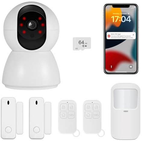 TOWODE Wireless Burglar Security Alarm System,1 WiFi Camera, 1 64G Memory Card, 1 Motion Sensors,2 Door Alarms & 2 Remote Control,Auto Tracking,Comprehensive Protection for Home, Garage & Shed