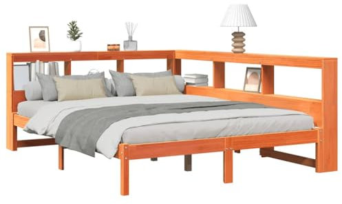 vidaXL Massivholzbett mit Regal ohne Matratze Wachsbraun 140x200 cm, Holzbett mit Regal, Massivholzbett mit Regal, Bett, Holzbett mit Bücherregal