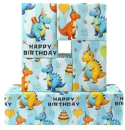 Dinosaurier-Geburtstags-Geschenkpapier für Kinder, Jungen, Mädchen, Dinosaurier-Geschenkpapier für Geburtstag, Babyparty, Kindergartenparty, 6 Blatt flach gefaltet, 50 x 70 cm pro Blatt