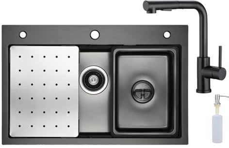 CECIPA Fregadero de cocina negro 70 x 45 cm con grifo extensible X203B, acero inoxidable, incluye dispensador de jabón y sifón, repuesto y tabla de cortar