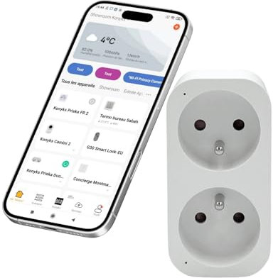 Konyks Priska Duo FR - Enchufe doble Wi-Fi + BT control remoto/apagado, seguimiento del consumo de 2 dispositivos simultáneamente, compatible con Smartlife y Tuya, Amazon Alexa y Google Home
