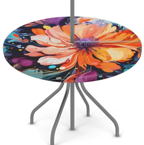 Woltant Nappe ronde avec trou de parasol et fermeture éclair facile à nettoyer avec bords élastiques - Protection de table d'extérieur pour jardin, terrasse, barbecue (fleur aquarelle éclaboussure)