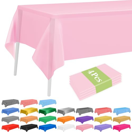 PLULON 4 Pcs Pink Tablecloths Plastic Disposable Table Cover for Rectangle Tables 54 x 108 Inch Waterproof Tablecloth for Birthday Baby Shower Wedding Fiesta Party Home Kitchen Dining Décor