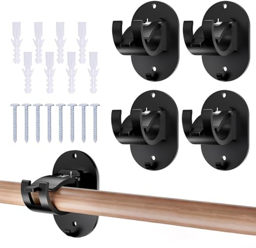 4 Pcs Self Adhesive Curtain Rod Bracket, No Drill Curtain Pole Brackets, Adjustable Adhesive Curtain Rod Holder, No Drilling Curtain Adhesive Hooks with Screw, Used for Kitchen Home Bathroom(Black)