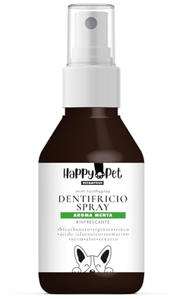 Happy Pet Dentifricio Spray per Cani 150ml – Naturale Antiplacca e Antitartaro – Alito Fresco – Senza Spazzolino – Disponibile in 3 Aromi: Neutro, Menta, Pesca (150ML, Menta)