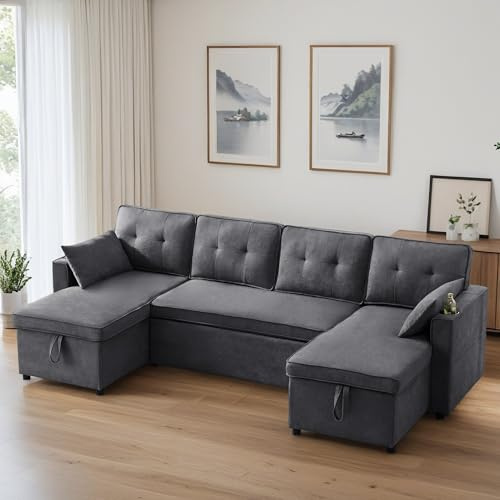 Vepssder Canapé lit avec Fonction Couchage rembourré,canapé d'angle Convertible 4 Places en U,canapé 4 Places Relax,Tissus en Coton et Lin,avec Porte-gobelet,Deux espaces de Rangement,Gris foncé