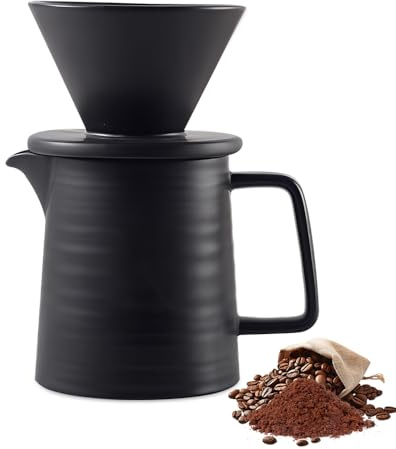 Weciau Kaffeefilter Porzellan mit Kanne, 500ml Retro-Stil Pour Over Kaffeebereiter mit Keramikbecher Wiederverwendbar, Schlicht und elegant Pour Over Kaffeebrüher für Haushalte Restaurants (Schwarz)