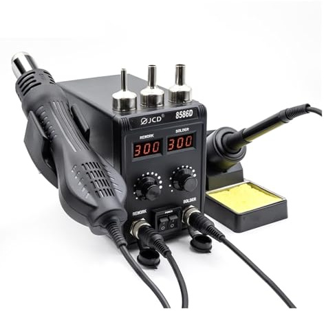 Stazione di saldatura JCD 8586D 2 in 1 con pistola ad aria calda, display digitali, modalità sospensione 10 minuti for rilavorazione SMD(8586 KIT5)