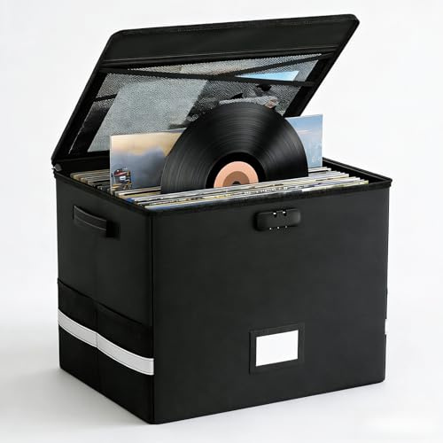 ANEELV Caja de almacenamiento ignífuga para discos de vinilo con cerradura, gran capacidad, plegable e incluye etiqueta de nombre. Perfecto para coleccionistas de álbumes raros. Caja de música para el