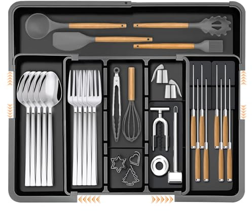 Besteckkasten für Schubladen, Erweiterbarer Besteckeinsatz für Schubladen, 3-9 Fächer, Verstellbarer, mit 2 Abnehmbaren Messerblöcken, Kunststoff Küche Organizer für Löffel, Gabeln und Messer, Schwarz