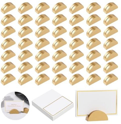 Yuanan 50 PCS Gold Table Number Holders, Wooden Place Card Holders with 50 PCS Cards Semicircular Table Number Stands for Restaurant, Wedding, Birthday Party Plates, Menus and Photos