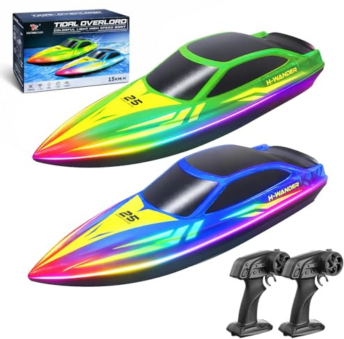 Barco Teledirigido RC 2 Unidades con Luces LED 7 Modos,hasta 15 km/h,Control Remoto 2.4GHz, Auto Flip, Alerta de Batería Baja y Distancia,4 Baterías, Barco RC Piscina y Lago, Regalo para Niños y Niñas