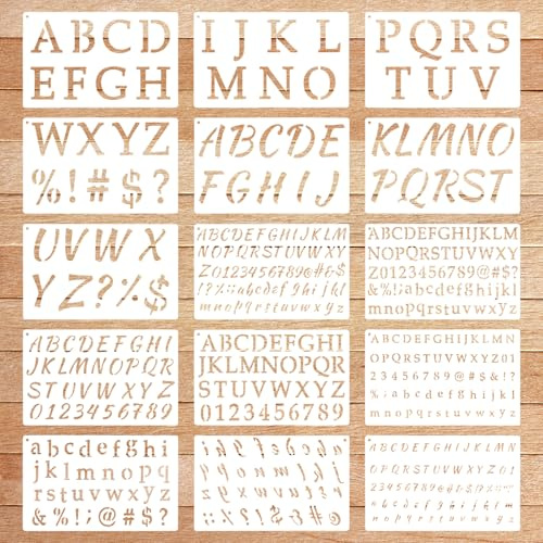 15 Pack Letter Stencils for Painting, Reusable Small Alphabet Stencils Plastic Letter and Number Stencil Templates Kit for Scrapbook, DIY Crafts, Art Projects (1/2, 3/4, 1, 2 Inch)