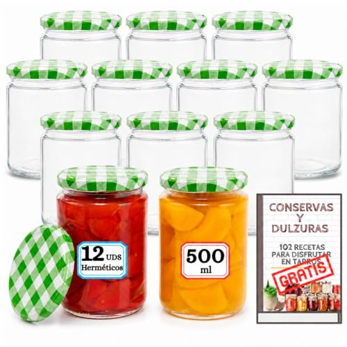 12 Tarros de Cristal 500 ml con Tapa Metálica Twist Off Verde y Blanca, Botes / Frascos de Vidrio para Conservas, Mermeladas, Salsas, Legumbres, Encurtidos y Despensa, con Etiquetas y Recetario PDF