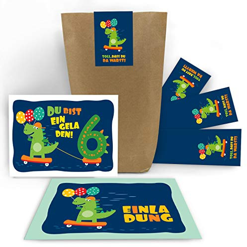 Junaversum 12 Einladungskarten 6. Geburtstag Kinder Jungen Jungs Dinosaurier Dino sechste Kindergeburtstag incl. 12 Umschläge, 12 Tüten/natur, 12 Aufkleber