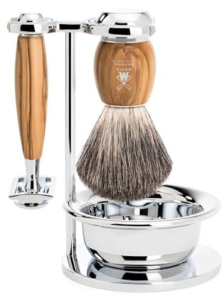 MÜHLE Vivo Rasierset - Rasierhobel, Rasierpinsel mit reinem Dachshaar, Halterung mit Schale, Griffe aus Olivenholz