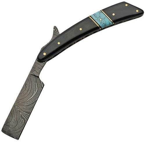 SANZ 6.25 Damascus Straight Razor – Horn & Turquoise Handle Folding Razor with Gold Lining, Handmade Damascus Steel Blade for Shaving, Barber & Collectors