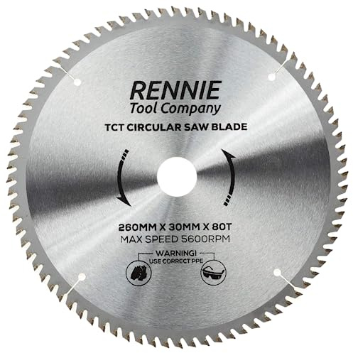 Rennie Tools - 260mm x 30mm x 80T TCT Circular Wood Saw Blade Includes 25mm 20mm & 16mm Bore Reduction Rings. Compatible with Festool Bosch Makita Dewalt Circular Saw Etc.