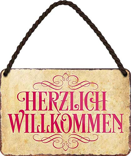 WOGEKA ART Retro Blechschild - Herzlich willkommen - witziger Spruch als Geschenk-Idee zum Geburtstag Weihnachten zur Dekoration 18x12 cm Vintage-Design Hänge-Schild Metall HS271