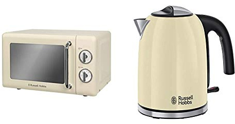 Russell Hobbs RHRETMM705C 17 L 700 W Cream Compact Retro Solo Manual Microwave with 5 Power Levels, Timer, Defrost Setting, Easy Clean & 20415 Stainless Steel Electric Kettle, 1.7 Litre, Cream
