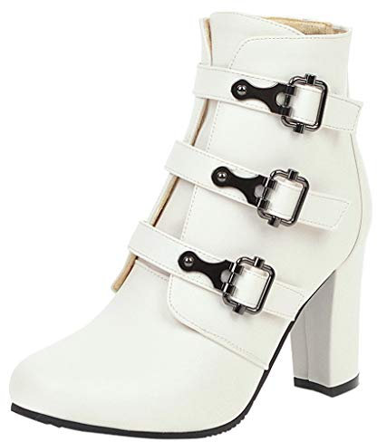 Yowablo Booties Damen Mode Square Heels Reißverschluss Einfarbige Kurze runde Zehen Schuhe (41,Weiß)