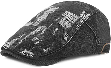 DORRISO Hommes Vintage Casquette Plate Look Denim Gavroche Classique pour Homme Casquette Élégantes Casquette Plate Chapeau Noir