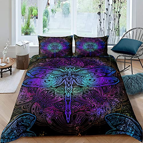 Bohemian Dragonfly Comforter Cover Double Size Mandala Paisley Bedding Set Purple Dragonfly Duvet Cover Tie Dye Trippy Gypsy Iridescent Chic Hippie Quilt Cover Decor 3 Pcs