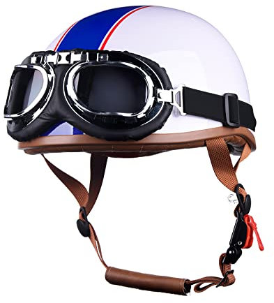 LIONCIANO Jethelm Für Motorräder Jet-Helm Roller-Helm Scooter-Helm Moped Mofa-Helm Chopper Retro Vespa Vintage Jethelme Rollerhelm Sturzhelm Chopper Helm(Weiß Gestreift mit Brille)