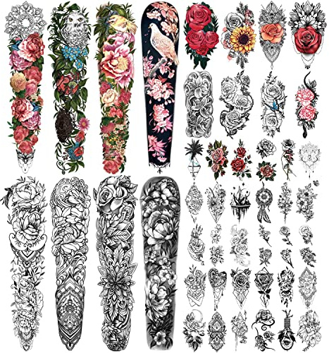 46 Sheet Full Arm Temporary Tattoo for Women with Peony Bird Daisy Rose Half Arm Flower Chrysanthemum Temporary Tattoos for Girls Boys Long Lasting Butterfly Fake Tattoo for Youngs