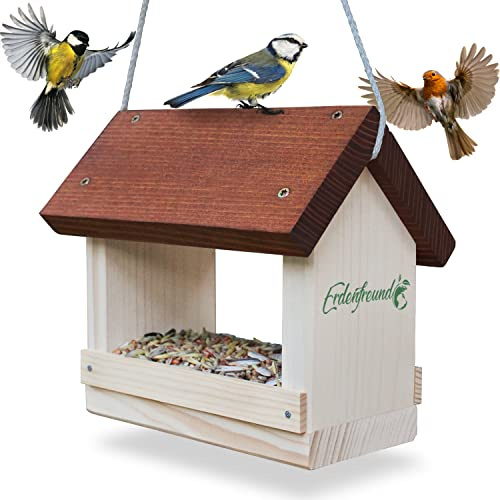 ERDENFREUND® Vogelfutterhaus 2 Größen mit Leinenkordel reißfest Futterhaus für Vögel wetterfest mit Schrauben rostfrei Vogelhäuschen Massivholz Made in der Pfalz (L - platzsparend)