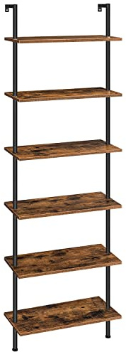 HOOBRO DIY Ladder Shelf, 6-Tier Wall Mounted Bookshelf, Office Vertical Bookcase, Wooden Storage Shelves for Home Office, Bedroom, Rustic Brown and Black BF65CJ01