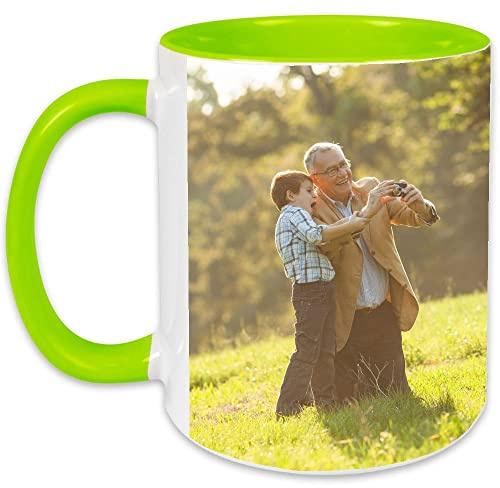 Ocadeau Tasse en céramique blanc et vert clair personnalisé photo – Impression photo sur mug blanc et vert clair - Anse et intérieur vert sur ce mug personnalisable