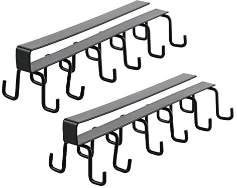 Esoes Cup Holder Under Cabinet 2 Pack Coffee Tea Cup Mug Holder with 12 Hooks Under Shelf Cups Storage Rack Kitchen Utensil Hanging Rack Drilling Free (Black)