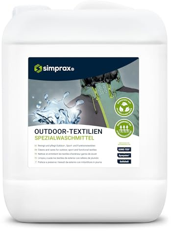 SIMPRAX Tvättmaskin flytande tvättmedel för tekniska och utomhuskläder – för Gore-Tex, Softshell, Sympatex, Lycra & Fleece – förnyar andningsförmåga, eliminerar lukt och smuts – miljövänlig, 5 l