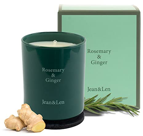 Jean & Len Bougie Parfumée, Romarin Et Gingembre, Pour D’agréables Soirées À La Maison, Faite À La Main, Parfum Frais Et Herbacé De Romarin Et De Gingembre, Dans Un Verre Élégant, Végan, 230 g