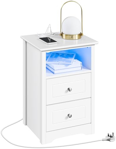 Yaheetech Bedside Cabinet with 2 Drawers and Open Shelf, White | E1 Spray-Painted MDF, Adjustable LED Lighting, 2 AC Outlets & 2 USB Ports, 35 × 40 × 60 cm, Bedside or Study Use