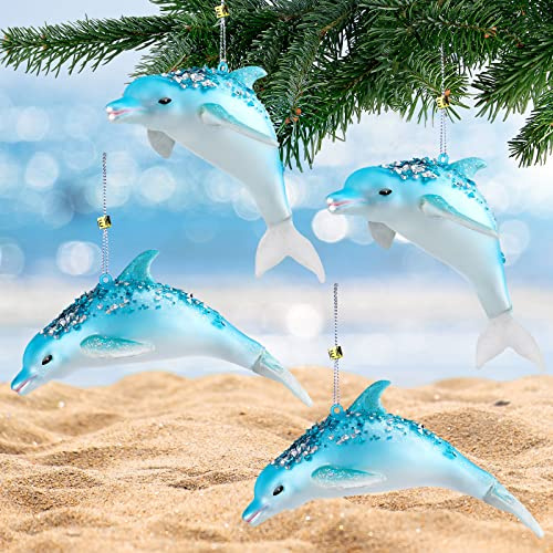 Sliner Weihnachtsbaumschmuck aus Glas, Delfin, Dekoration, Ozean, Meer, Strand, Glitzer, Delfin, Party-Dekoration für Weihnachten, hängende Dekoration, Strumpffüller, Geschenk, 4 Stück