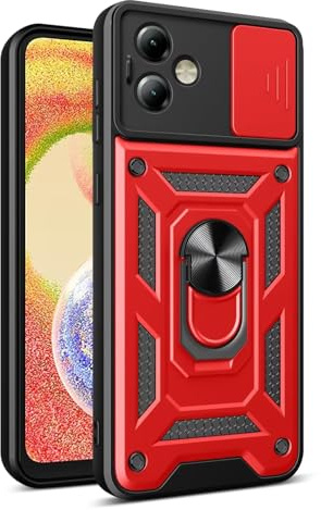 EASSGU Armor Funda para Motorola Moto g14 (6.5 Inches), Carcasa Rígida para Teléfono Móvil con Soporte de Anillo de Silicona para PC con Base Magnética - Rojo