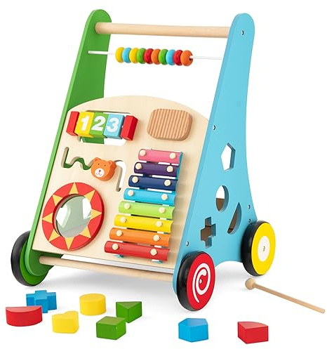 DREAMADE Chariot de Marche en Bois Bébé 1+Ans,7 en 1 Trotteur Multi-Activités Tout-petits avec Boîte de Rangement&8 Blocs&1 Maillet,Marcheur d'Apprentissage pour Garçons Filles