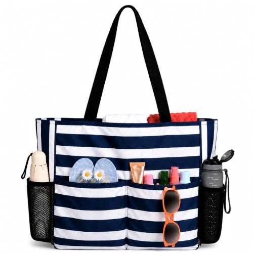 TAHAVICE Strandtasche Damen mit Reißverschluss, Große Strandtasche xxl Familie, Badetasche Damen Wasserdicht, 8 Tasche Beach Tote Bag für Reisen Pool