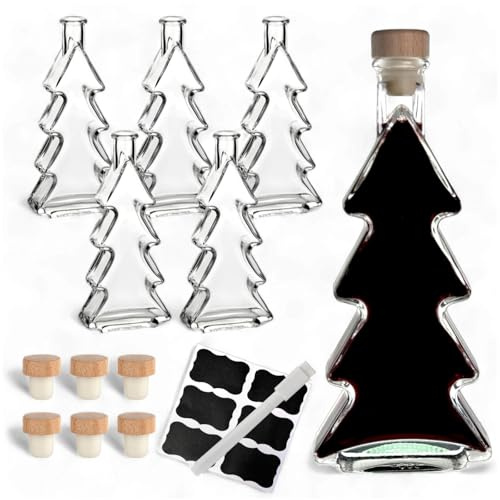 gouveo 6er Set Glasflasche 200 ml Tanne mit Korken (HGK) - Kleine Tannen-Flasche mit Korkverschluss - Tannenbaumflasche zum Befüllen und Verschenken (TF200HGK)