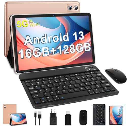 WOZIFAN Tablet 10 pollici Android Tablet PC 16GB RAM + 128GB ROM + TF 512GB Octa-Core 2.0 GHz, | 8000mAh | 1280 * 800 Pixel | 5MP + 13MP | 5G WiFi | Bluetooth5.0, Tablet con tastiera e mouse Oro