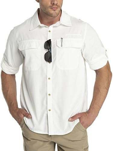 Outdoor Ventures långärmad skjorta utomhus funktionell skjorta snabbtorkande skjortor casual fritidsskjorta andningsaktiv sportskjorta vår sommar höst med fickor för vandring camping resor, Vit, 3XL