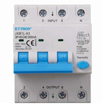 Interruttore Magnetotermico Differenziale Trifase 300mA, 3P+N 6KA 380V, Occupa 4 Moduli DIN, RCBO 3P+N 300mA C40 40A
