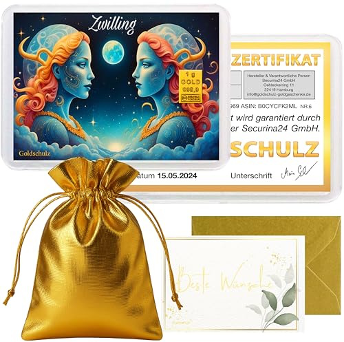 Goldschulz Goldbarren 1g 1 Gramm Motivbox - Sternzeichen Zwilling - Geschenk + Echtheitszertifikat