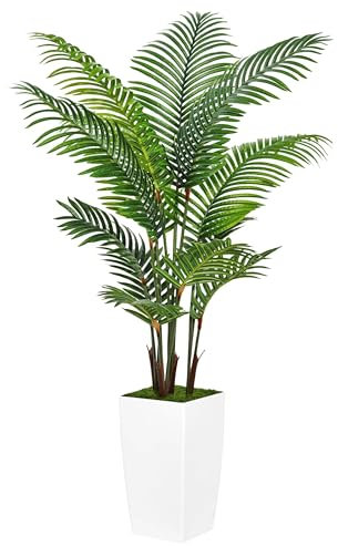 Palma artificiale, 1,5 m, alberi artificiali realistici al tatto con fioriera alta bianca, piante finte Areca tropicali grandi in vaso, albero sempreverde in seta finta per casa, ufficio, soggiorno,